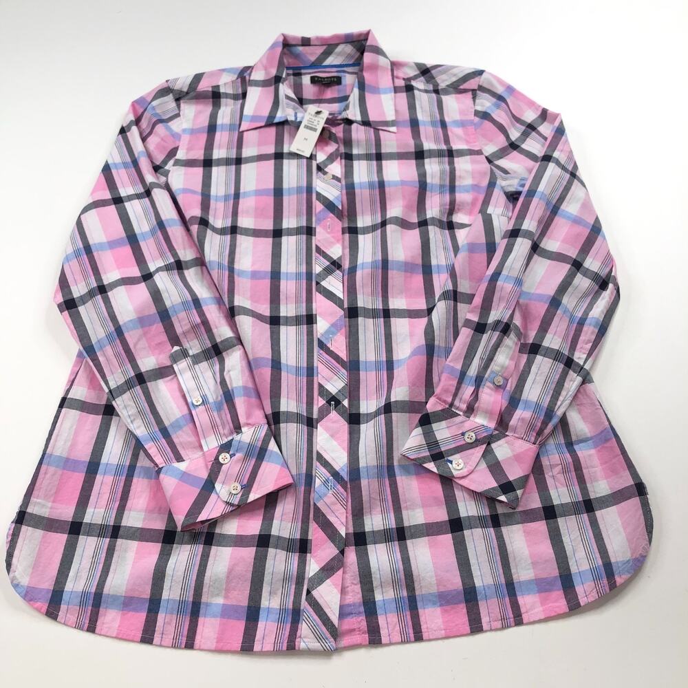Talbots NEW Medium 100% Cotton Button Long Sleeve Check Plaid Shirt Pink